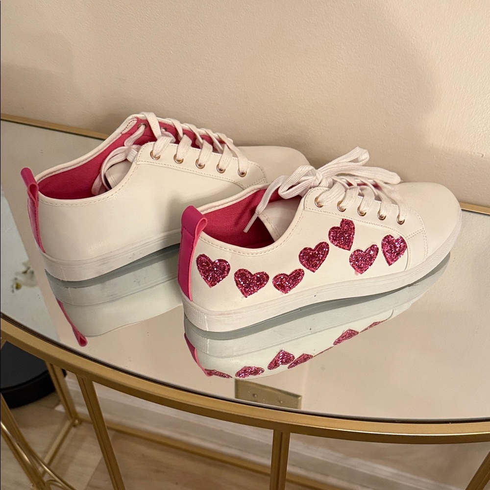 White Sneakers with Pink Heart Accents Valentine or Breast Cancer Awareness.